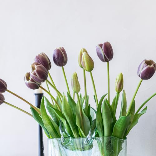 Artificial Tulips Flowers,Soft Touch Latex Bouquet, Fake Tulips,Spring Wedding Home Room Table Centerpiece Decor - color: 15pcs Dark Plum(no Vase)
