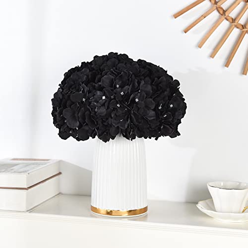10PCS Silk Hydrangea Heads with Stems Artificial Flowers for Wedding Party Home Decor (Black) - color: Black