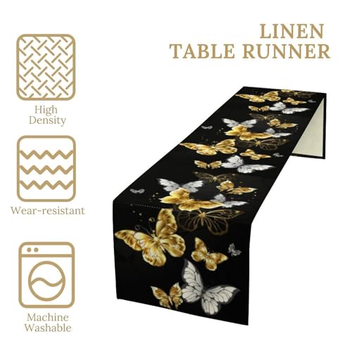 Golden Butterfly Table Runner, Black Gold Butterflies Kitchen Dining Table Decoration for Home Party Decor 13x36 Inch - color: Butterfly_5, size: 13x36inch