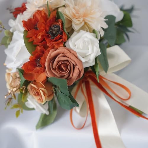 Wedding Bouquets for Bride Bridal Bouquet Bridesmaid Bouquet Tossing Bouquet for Wedding Ceremony Wedding Anniversary, Wedding Gifts, Chic Terracotta and Orange Style - color: Sunset Red