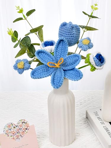 Knitted Flower Bouquet - Handmade Tulip Rose Daisy Crochet Flowers Bouquet for Mother's Day Father's Day Graduation Birthday Teacher Appreciation Gifts Home Decor Blue - color: Blue