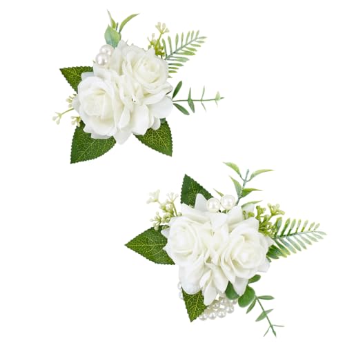 White Corsage and Boutonniere Set for Wedding Prom, Artificial Rose Flower Wrist Bracelets, Homecoming Corsage Wristlet, Boutonniere for Men Wedding Suit Decorations - color: White