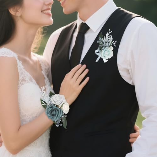 2Pcs Wedding Corsage and Boutonniere Set Blue Rose Corsage Wristlet and Boutonniere for Men Women Groom Bride Bridesmaid Groomsmen Wedding Party Accessory Prom Decoration (Blue) - color: Blue