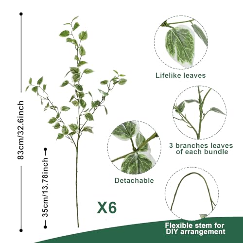 Artificial Greenery Leaves 6PCS 32.7'' Realistic Faux Greenery Stems for Vase Fake Eucalyptus Leaves Long Stem Faux Branches for Vase Greenery for Centerpieces Home Decoration Farmhouse Aesthetic - color: White