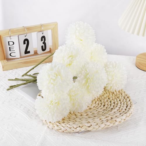 Rowfad 12 Pcs Artificial Chrysanthemums Flowers Silk Ball White Flowers Fake Mums Spring Flowers for Valentine‘s Day Wedding Home Decor (12, White) - color: White