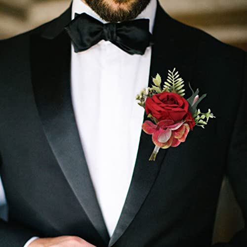 Wedding Flower Boutonniere Red Groom Rose Buttonholes Men's Boutineer Party Suit Decoration Prom Anniversary Accessories for Groomsmans and Man (A-Red) - color: A-red