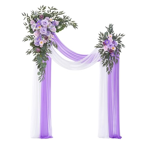 Deluxe Wedding Arch Flowers with Drapes Kit Pack of 4, 2pcs Purple Sage Hanging Silk Flowers Arrangement 2pcs Chiffon Drapes for Ceremony Arbor Party Outdoor Decor - color: Purple & Lavender