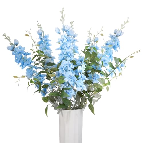 10 pcs Artificial Delphinium Flowers with Clematis Greenery, Light Blue Fake Larkspur Flowers & Clematis Leaves for Tall Vase, Wedding Arch Bouquet Floral Arrangement Home Party Table Centerpiece - color: Light Blue+green, size: 33.86 inch
