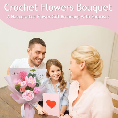 Crochet Flowers Bouquet, Handmade Crochet Rose Bouquet Pink,Knitted Flowers,Crochet Flowers Rose Tulip Lily of The Valley for Home Decor,Birthday,Valentine's Day, for Mom - color: Pink - Rose Tulips&lily of the Valleys