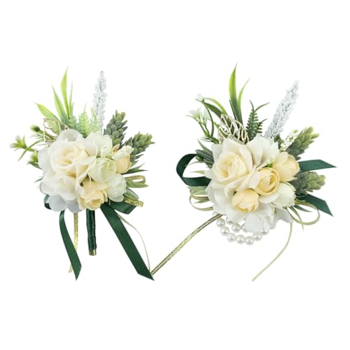 2 Pcs Wrist Corsage and Boutonniere Set, Champagne Corsage for Wedding, Boutonniere for Men Artificial Rose Flower Wristlet Bracelet Prom Ceremony Anniversary Accessories Decor Suit - color: Champagne