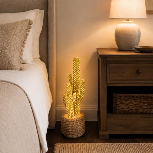 bellacat 25in Fake Cactus with Warm White & Color Changing Lights, Realistic Faux Cactus Plants Indoor with Brown Decorative Planter, Artificial Cacti Light Up Plant for Home Decor, 2 Pack - color: Brown Decorative Planter-2pack, size: 25in