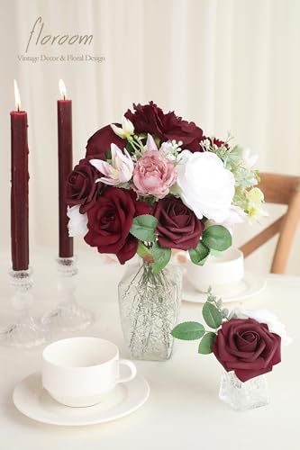 Floroom Burgundy Artificial Flowers Marsala Fake Roses Peonies Dahlia Greenery Combo Box Set for DIY Dark Red Wedding Bouquets Bridal Shower Centerpieces Floral Arrangements Party Tables Decoration - color: Romantic Burgundy