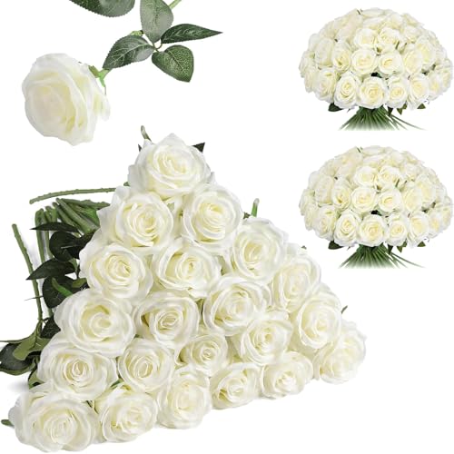Nubry 24pcs Artificial White Roses, Fake Silk Roses Flower with Long Stems, Realistic Flowers for Bridal Wedding Party Table Centerpiece Home Decor - color: White
