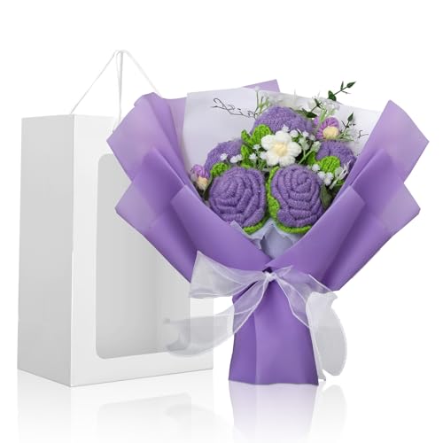 Crochet Flowers Bouquet, Handmade Knitted Rose Bouquet with Gift Bag for Home Deocor, Crocheted Finished Flower for Wedding, Mother's Day, Teachers' Day and Valentine's Day, Purple - color: Purple
