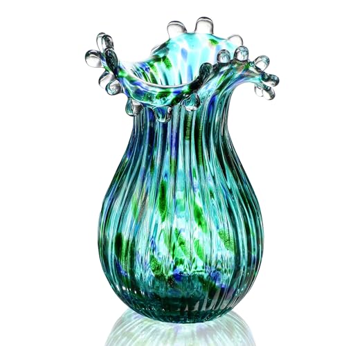 Green Glass Bubble Vase for Flowers, 8.5" Blown Glass Vase for Home Decor, Modern Art Flower Vases Decorative | Table Centerpiece, Olive Plant, Wedding, Living Room, Bookshelf, Office, Entryway - color: Green Bubble