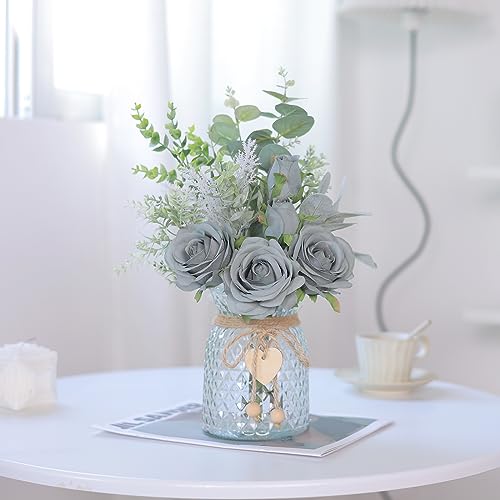 Faux Flowers with Vase,Artificial Silk Roses in Vase, Fake Plant Eucalyptus Flower Arrangement for Home Office Farmhouse Bathroom Dining Table Centerpiece Decorations Coffee Table Decor (Grey Blue) - color: Grey Blue