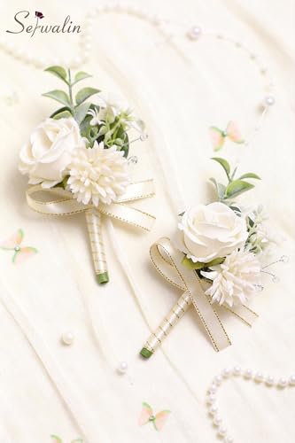 Serwalin 2 Pcs White Boutonniere for Men, Groom Groomsmen Best Man Guest Boutonnieres, Artificial Flowers Silk Rose for Wedding Prom Ceremony Anniversary Party Homecoming - color: A White, size: Boutonniere 2pcs