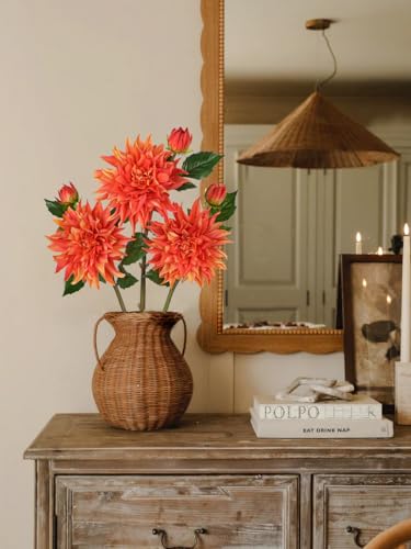 Artificial Dahlia Flowers – Set of 3 | 27.9" Tall Real-Touch Silk Dahlia Stems with Large 6.1" Blooms | Lifelike Orange Faux Flowers for Home Decor, Wedding, Centerpieces & Floral Arrangements - color: Orange