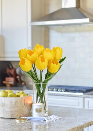 Briful Fake Flowers Artificial Tulip Flower in Clear Vase, Yellow Real Touch Foam Tulip Arrangement Suitable for Home Office Decoration, Dining Table Centerpiece - color: Yellow