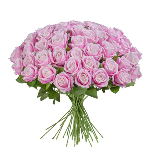 Artificial Flowers Roses Touch Fake Rose Bouquet Flower Stem Fo Wedding Centerpieces DIY Wreath Home Decorations Silk Roses Fo Mothers Party Fake Outdoor Flowers Decor 19.6"(Deep Pink 50PCS) - color: Deep Pink 50pcs