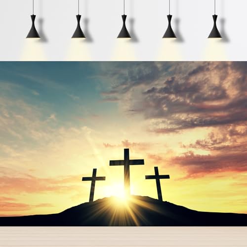 Jesus Christ Cross Backdrop Three Crosses On Mountain Sunrise Sunset Photography Background Sepulcher Lord Pray Christmas Easter Crucifixion Religious Belief Church Event Easter Backdrop 5x3ft - color: Sunset Orange, size: 5x3ft