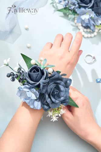 Rose Blue Wrist Corsage for Wedding Prom, Handmade Artificial Flower Corsage Bracelets for Bride,Bridesmaid,Mother,Porm Corsage for Homecoming,Party Anniversary(Set of 2) - color: Blue, size: 2 Wrist Corsages