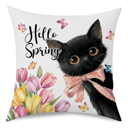 Fokongna Hello Spring Black Cat Pillow Covers 18 x 18 Inch, Cats Lovers Lady Gifts Cat Elder ister, Younger Sister, Mother Gifts, Floral Cats Decorative Pillow Covers Spring Summer Couch Pillowcase - color: Hello Spring