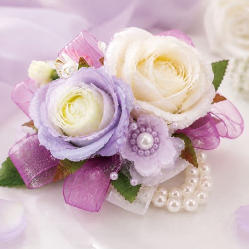 Wrist Corsage and Boutonniere Set, Artificial Rose Corsage Wristlet and Boutonniere for Wedding Prom Party (Purple-002) - color: Purple 1 Boutonniere&1 Wrist Corsage