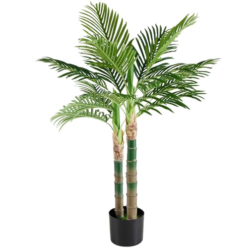 NEWBULIG 47in Artificial Palm Tree, Double Stalk Golden Cane Palm with Lush Realistic Leaves, Large Faux Plant for Living Room, Maintenance Free Home Decor
