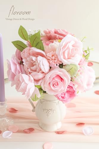 Floroom Blush Artificial Flowers Fake Roses Peonies Dahlia and Greenery Combo Box Set for DIY Pink Wedding Bouquets Bridal Shower Centerpieces Floral Arrangements Party Tables Home Decorations - color: Vintage Rose Blush