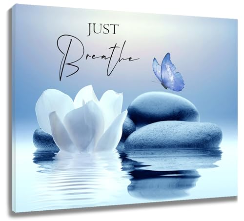 LB Zen Wall Art for Bathroom Butterfly and White Water Lily Flower on Blue Canvas Wall Art Wall Paintings Home Decor Modern Wall Pictures for Living Room Bedroom Office Ready To Hang,10x8 Inch - color: Blue, size: 8"L x 10"W