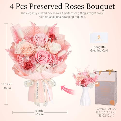 Preserved Flowers Bouquet 4 Roses - Pink Roses & Flowers for Delivery, Long-Lasting Real Roses Forever, Mothers Day Gifts for Mom Grandma Wife, Anniversary Birthday Gifts for Women - color: Pink
