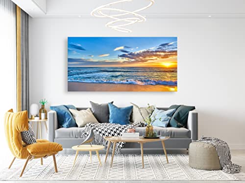 Aibonnly Wall Art Canvas Painting Seaside Sunset over the beaches 1 Piece blue sea view Landscape Ocean Picture Poster Print Framed Ready to Hang for Living Room Bedroom Kitchen Office - color: Blue, size: 58"L x 29"W