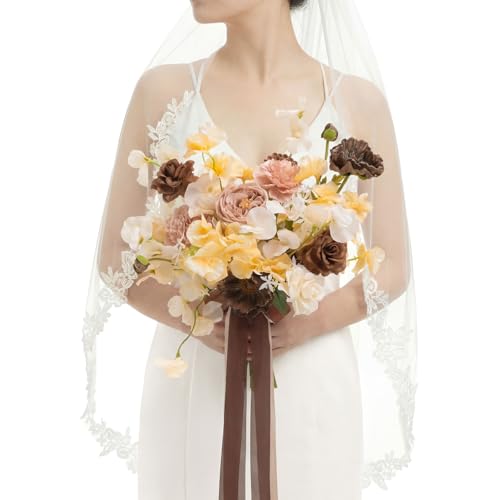 Ling's moment Wedding Bouquets for Bride, Earth Brown & Butter Yellow Bridal Bouquets for Bride, 13 Inch Free Form Artificial Wedding Flower Bouquet for Rustic Wedding Ceremony Anniversary - color: Brn- Earth Brown & Butter Yellow, size: Small 13 Inch