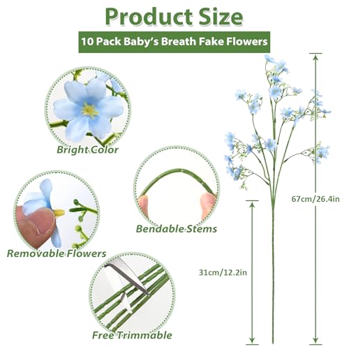 TOCHGREEN 10PCS Artificial Silk Flowers with Long Stems Faux Bulk Babys Breath Flowers Fake Silk Flowers Bouquet for Floral Arrangement Tall Vase Home Wedding Table Centerpieces Decor (Light Blue) - color: Light Blue