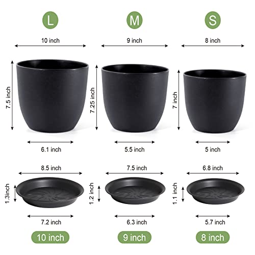 WSMKSZ 10/9/8 inch Medium Plant Pots, 3 Pack Modern Decorative Plastic Planters with Drainage Holes and Saucers, Flower Pots for Indoor Outdoor Plants, Black - color: Black, size: 10"+9"+8"