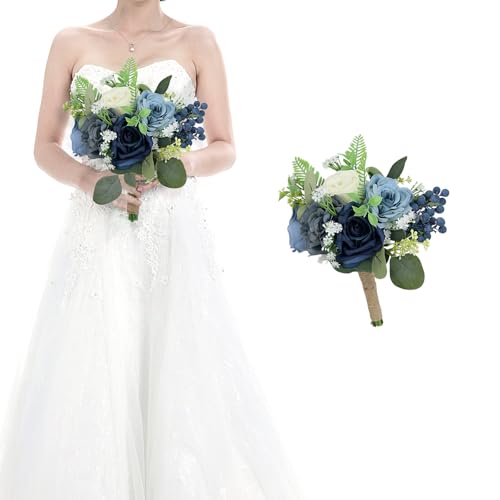 Bridesmaid Bouquets for Wedding - 7 Inch Artificial Flowers Bouquets for Ceremony Anniversary Centerpieces Decorations - Navy Blue and White - color: Navy Blue & White, size: Set of 1 Bridesmaid Bouquets