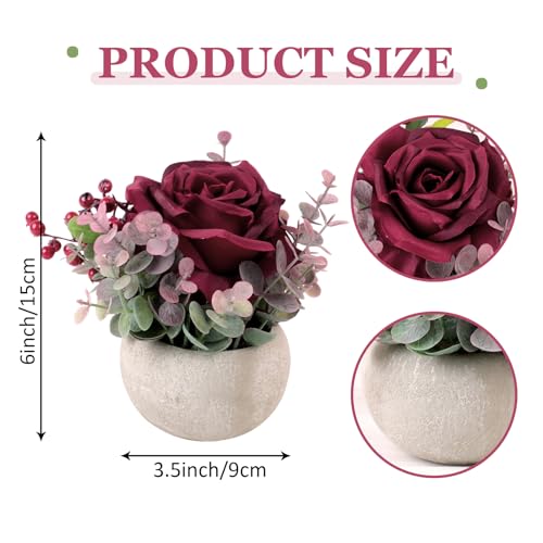 2 Pack Artificial Flowers with Pot, Silk Burgundy Rose Potted Plants Faux Flowers in Vase Small Plants Table Centerpiece Home Office Desk Shelves Living Room Floral Decorations - color: 2 Pack Burgundy Rose