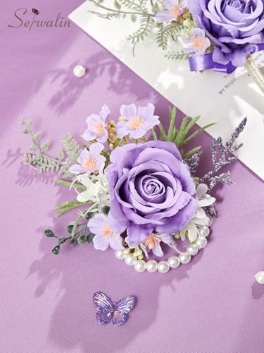 Serwalin Purple Corsage and Boutonniere Set, Artificial Silk Rose Wrist Corsage Wristlet and Boutonniere Set for Prom, Homecoming, Wedding, Anniversary Party Prom Suit Dress Flower Accessories - color: Purple, size: 1 Boutonniere & 1 Wrist Corsage - 2pcs