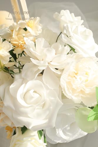 Floroom Cream White Artificial Flowers Ivory Fake Roses Peonies Dahlias and Greenery Combo Box Set for DIY Wedding Bouquets Bridal Shower Centerpieces Floral Arrangements Party Tables Home Decorations - color: Whisper of White