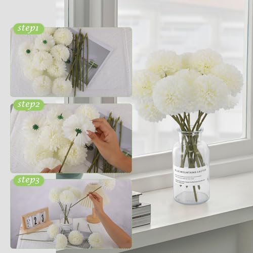 Rowfad 12 Pcs Artificial Chrysanthemums Flowers Silk Ball White Flowers Fake Mums Spring Flowers for Valentine‘s Day Wedding Home Decor (12, White) - color: White