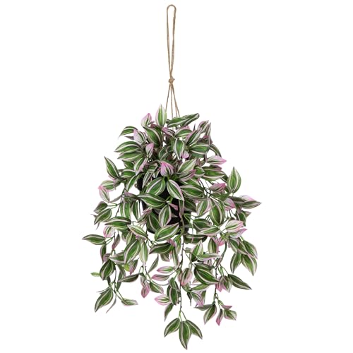Briful Fake Hanging Plants 17.7" Faux Watermelon Peperomia Silk Plants with Black Pot Artificial Hanging Greenery for Home Garden Balcony Outdoor Patio Decor - color: Pale Pink