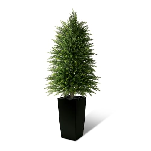 4FT Tall Artificial Cedar Topiary Tree with Full Bushy Columnar Shape, Realistic Faux Cypress in Square Black Pot with Fillable Water Bag, Outdoor Evergreen for Front Porch Garden Home Decor - color: Black-columnar Arbor, size: 4ft-1pack