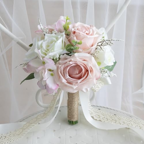Wedding Bouquets for Bride Bridesmaid, Artificial Dusty Rose Bride Flower Bouquet for Wedding Church Decoration Ceremony, Anniversary, etc, Roses Flowers - color: Dusty Rose & Blush & White