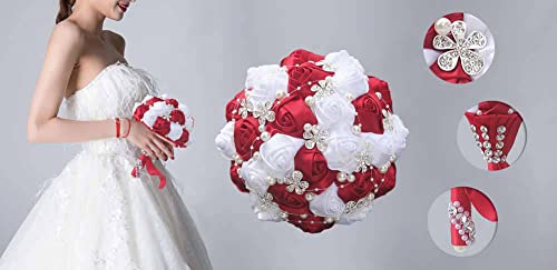 Sharebeauty 7.1 Inch Handmade Satin Rose Bridal Bouquet Toss Round Wedding Bouquet Throw Toss Artificial Flower Bunch Ivory + Black - color: W224 Ivory/Black, size: 7.1"/18cm