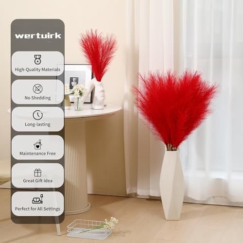 Wertuirk 9 Stems Red Pampas Grass - 38 Inch Tall Fluffy Faux Pampas Grass Decor, Long Artificial Pompas Floral for Living Room, Wedding Centerpieces and Home Decor (Red) - color: Red