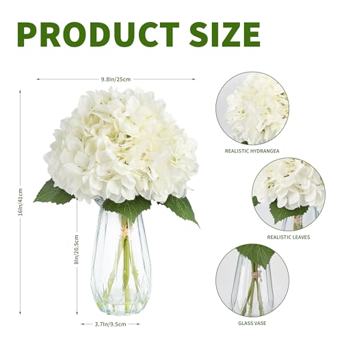 5-Piece Artificial Hydrangea Arrangement in Glass Vase - Fade-Resistant Silk Flowers with Faux Water for Table Centerpieces - color: Multi-hydrangea Stem in Vase, size: White