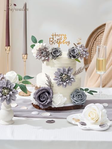 Serwalin Grey Artificial Flowers, Silk Fake Flowers for DIY Wedding Bridal Bouquets, Wedding Cake Flowers for Table Centerpieces Baby Shower Birthday Party Home Decorations - color: A Blooming Grey, size: 1 Box