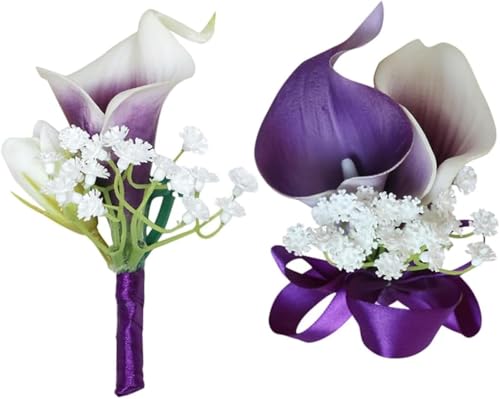 Artificial Purple Calla Lily Wrist Corsage and Boutonniere Set for Groom Bride Groomsmen Bridesmaids Corsage Men Boutonniere for Wedding Party Prom Suit Decorations (Purple Calla Lily Set) - color: Purple Calla Lily Set