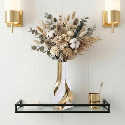 10.6" White and Gold Ceramic Vase, Modern Geometric Flower Vase for Dining Table Centerpiece, Elegant Decorative Vase for Pampas Grass, Living Room, Bedroom, Office, Tabletop Decoration - color: White Gold